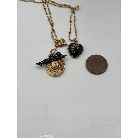 Betsey Johnson Double strand Beaded Chain Sunhat Black Bow‎ Heart Necklace - Picture 8 of 9